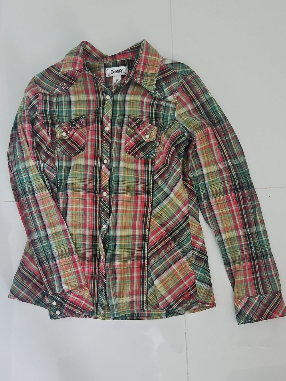 Adiktd Red Green Plaid/ Rhinestones/Button-Down Western Cowgirl Shirt